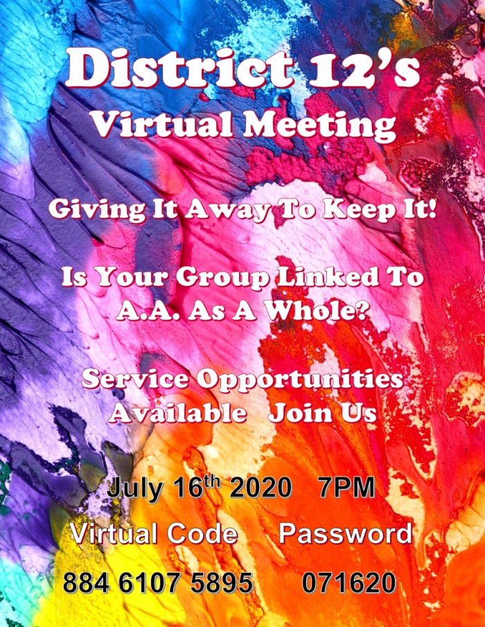 District 12 Virtual Meeting July 16th 2020 at 7pm on Zoom