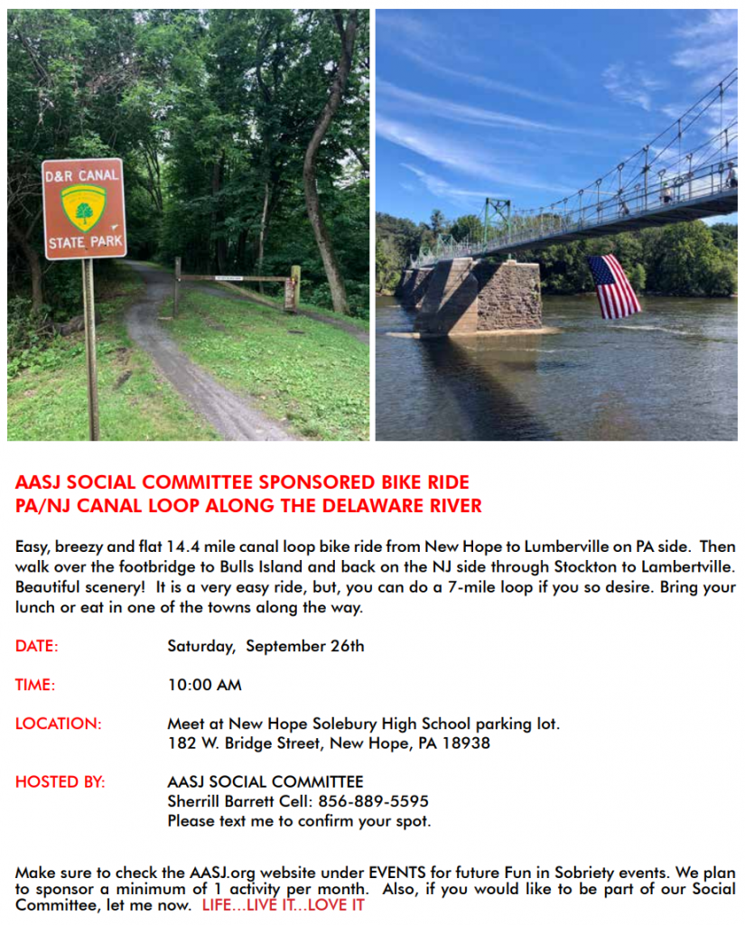 AASJ Social Committee Sponsored Bike Ride PA/NJ Canal Loop Along The Delaware River, Saturday September 26th at 10am