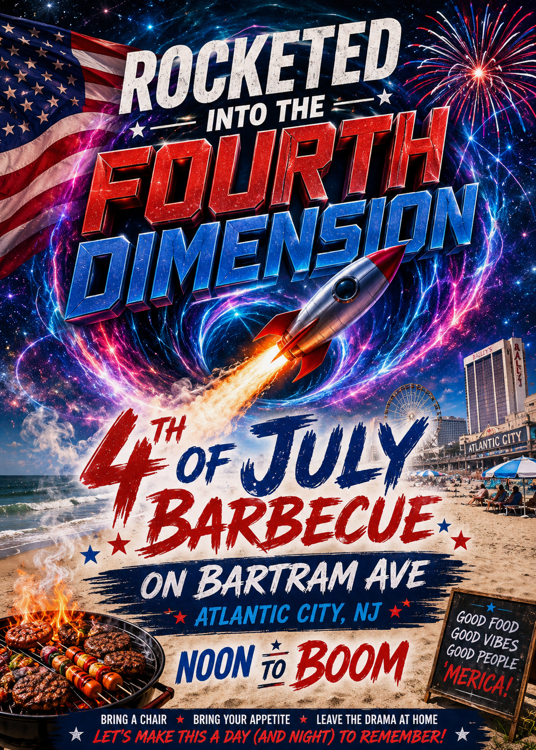 Here is a descriptive alt text you can use for the image: "A vibrant, patriotic event poster for a 4th of July Barbecue on Bartram Ave in Atlantic City, NJ. The top half features a retro rocket ship blasting out of a cosmic portal, surrounded by fireworks and an American flag, with text reading 'Rocketed into the Fourth Dimension.' The bottom half displays a sunny beach scene with a Ferris wheel and boardwalk in the background. In the foreground, there is a charcoal grill loaded with burgers and skewers, and a chalkboard sign that says 'Good food, good vibes, good people, 'Merica!'. Additional text announces the time as 'Noon to Boom' and includes the rules: Bring a chair, bring your appetite, leave the drama at home. Let's make this a day (and night) to remember!